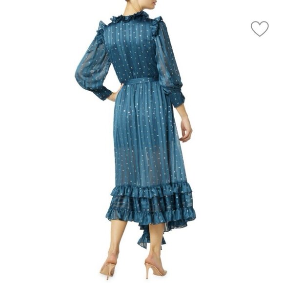 MISA Gabriella Asymmetric Striped Wrap Midi-Dress Chiffon Ruffles - Picture 10 of 12